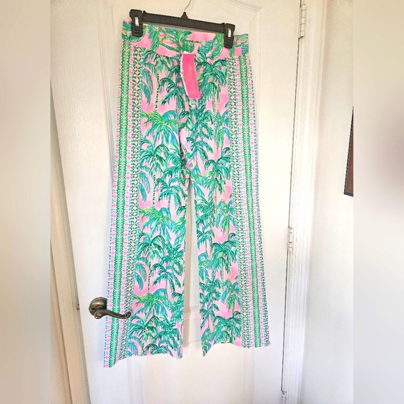 Lilly Pulitzer Bal Harbour Palazzo Pink Blossom Palm Print Pants. NWT SIZE S - Picture 2 of 8